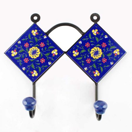 Navy Blue With Yellow Wheel Flower Ceramic Tiles Hooks 